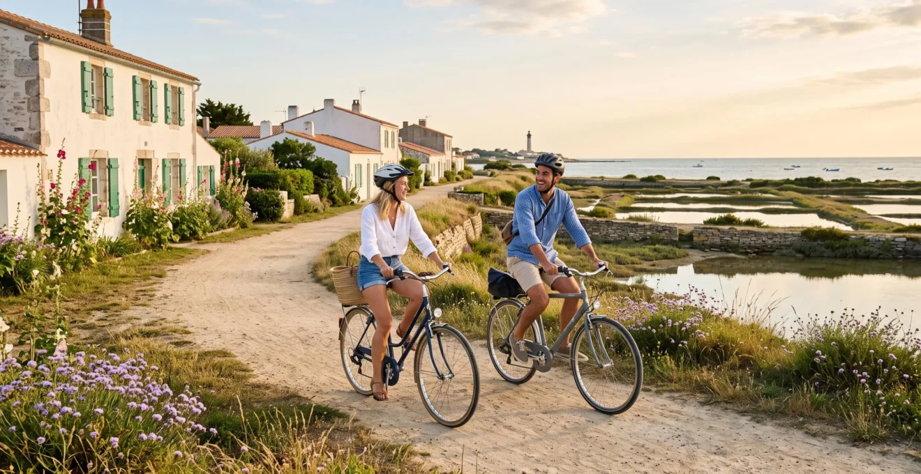 A couple cycles along a coastal path past whitewashed houses on Île de Ré.