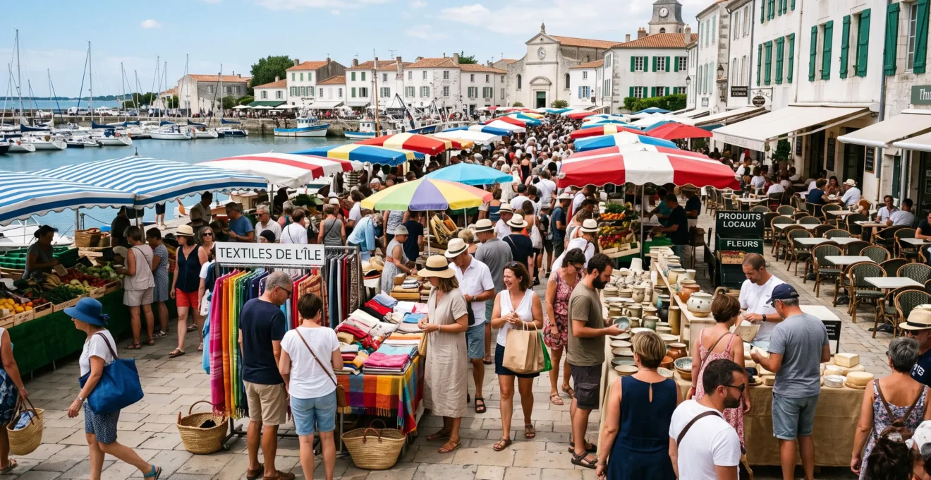Summer visitors browse market stalls in a busy square on Île de Ré.