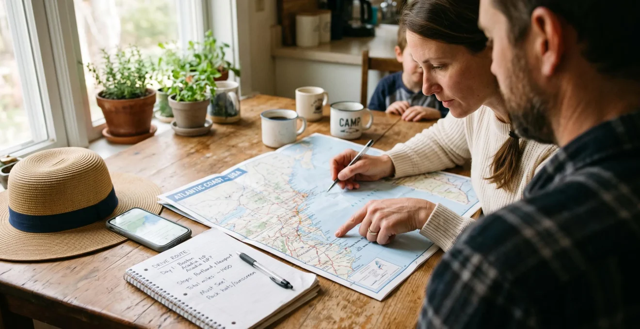 A woman points at a paper map while planning a summer trip at a table.