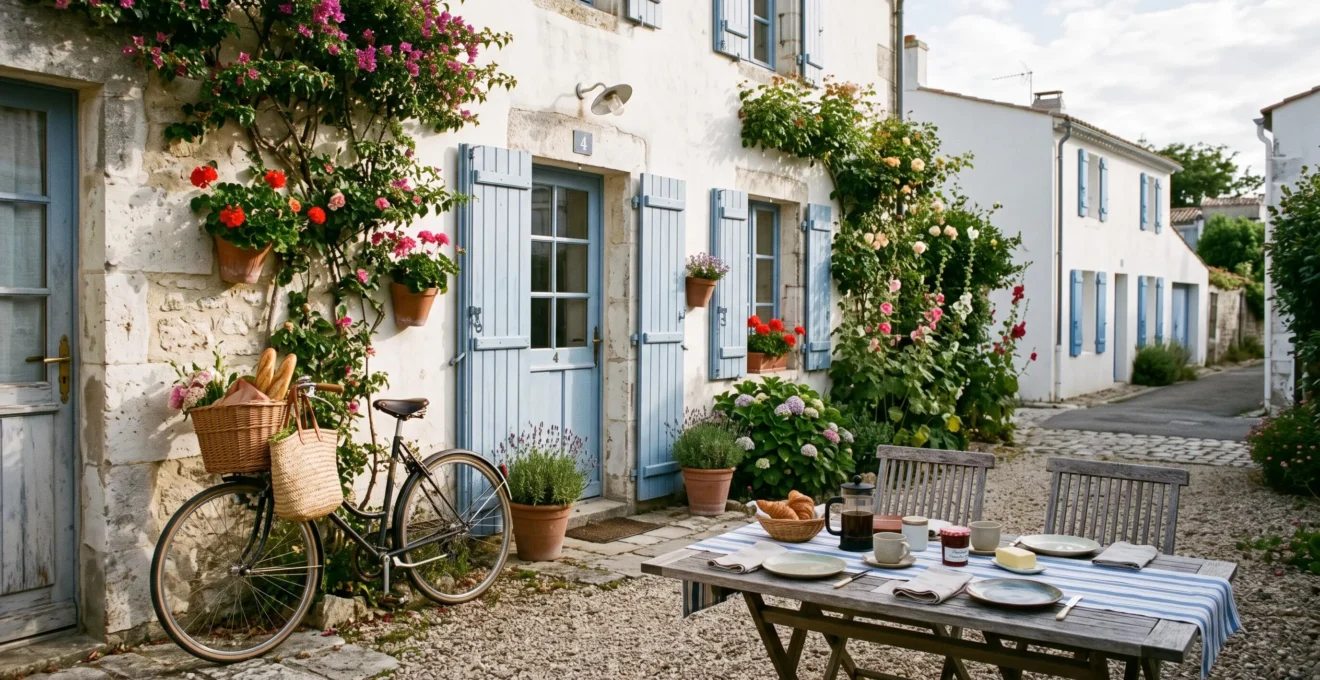 A whitewashed guesthouse courtyard with a bicycle and breakfast table on Île de Ré.